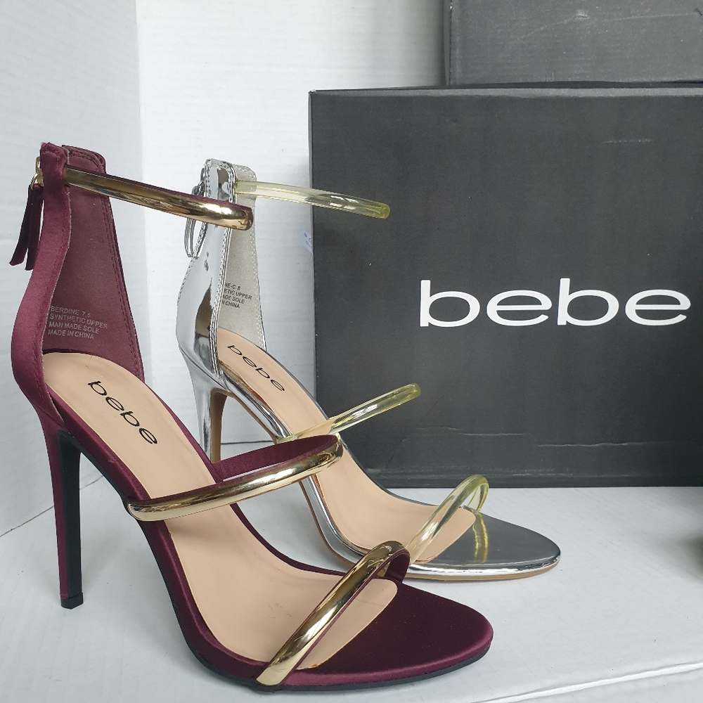 BEBE Berdine Maroon Satin 7.5 or Silver Patent Leather 8 Open Toe Stiletto Heel